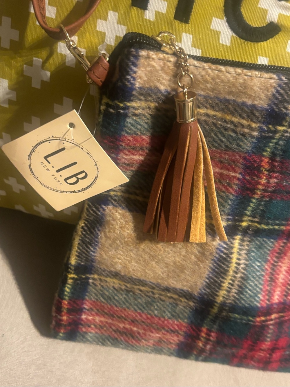 Plaid Wool Crossbody Bag with Leather Strap - Beige, Red, Navy